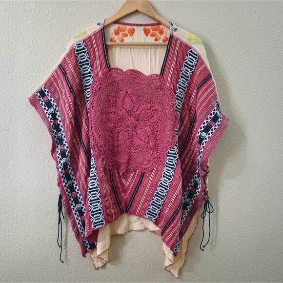 Free People Embroidered  Crochet Pullover Poncho  Blouse Tied Sides - Picture 1 of 15